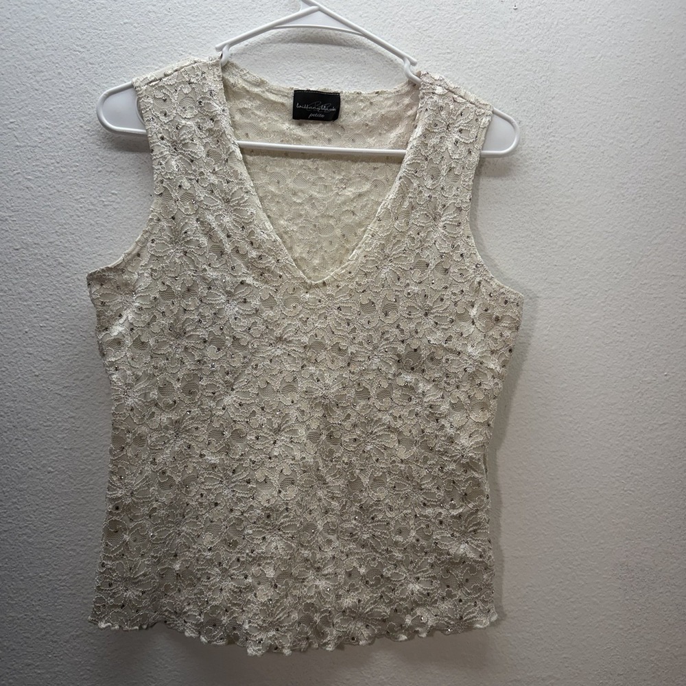 Vtg Y2K Cropped Tank Top V Neck Lace Beaded White Coquette‎ Fairy Romantic SZ S